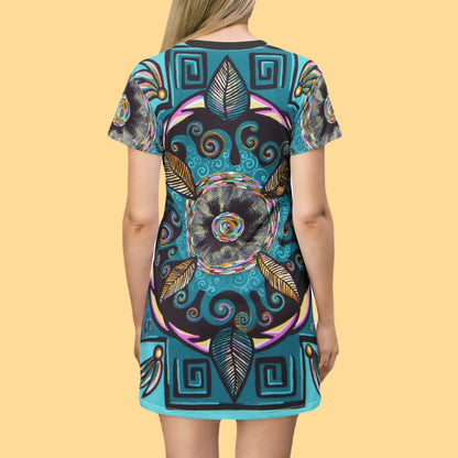 "Hojachakana" Ladies T-Shirt Dress - Blue Flame Array All Over Prints