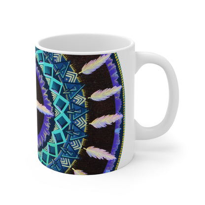 "Cuatro Vientos" White Ceramic Mug - Blue Flame Array Mug