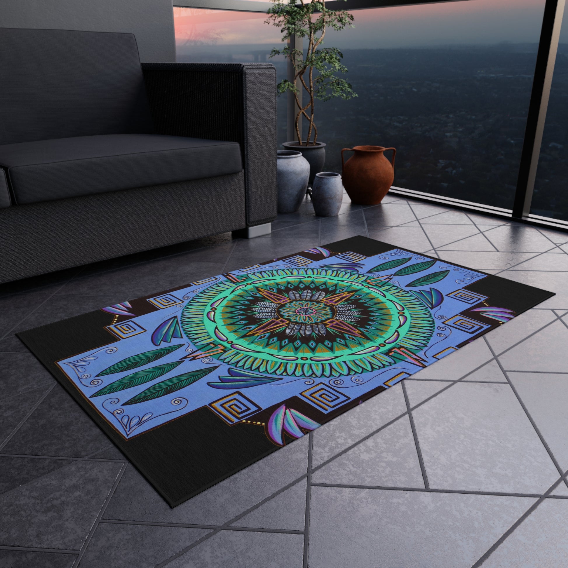 "Plumachakana" Outdoor Mandala Rug - Blue Flame Array Home Decor