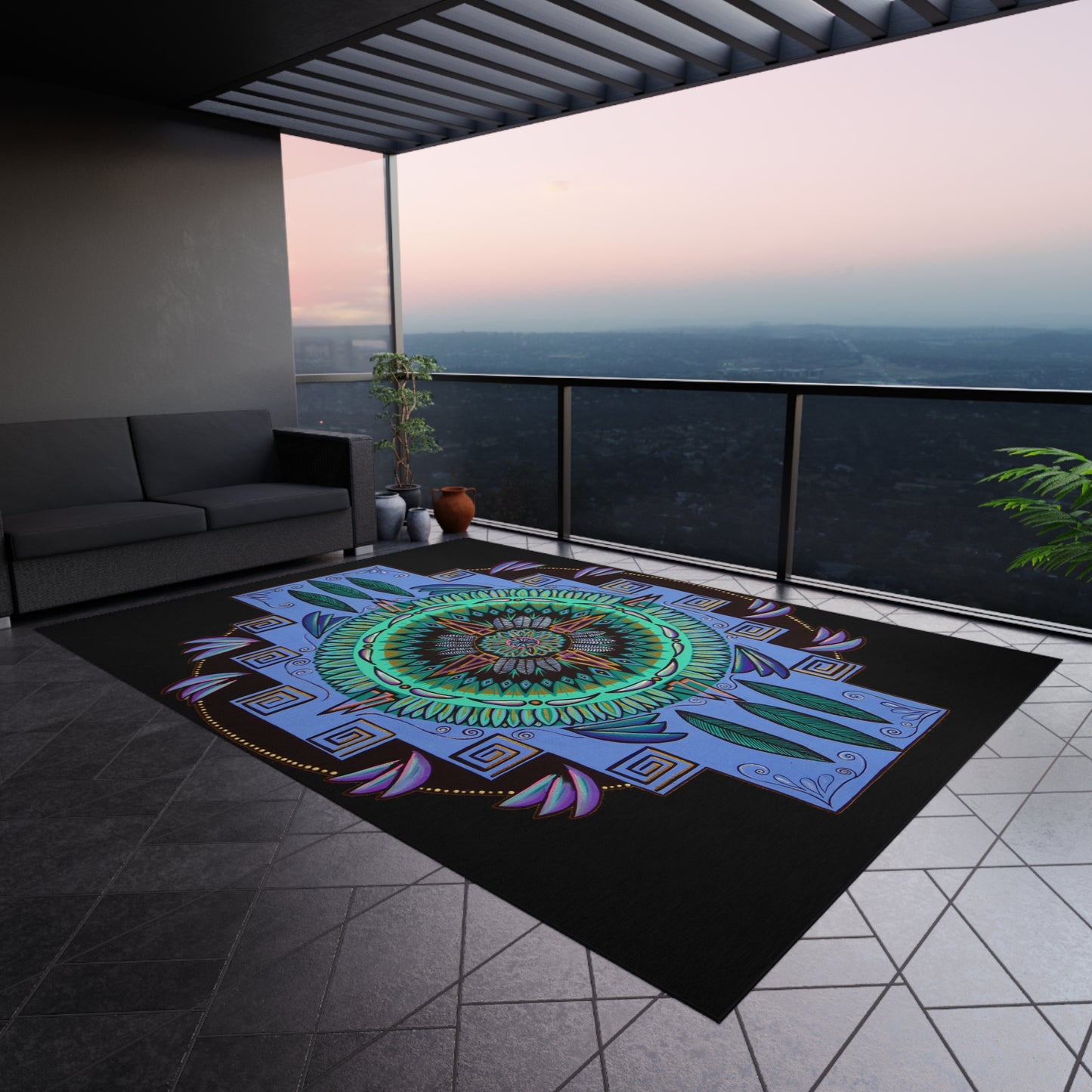 "Plumachakana" Outdoor Mandala Rug - Blue Flame Array Home Decor