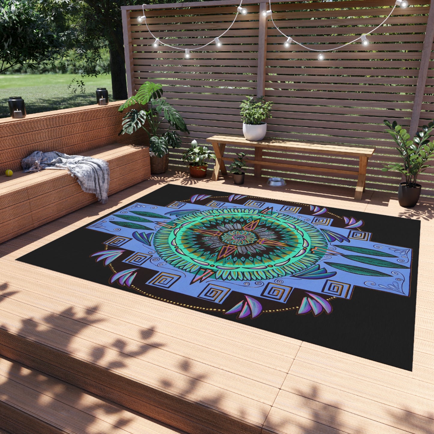 "Plumachakana" Outdoor Mandala Rug - Blue Flame Array 96" × 120" Home Decor