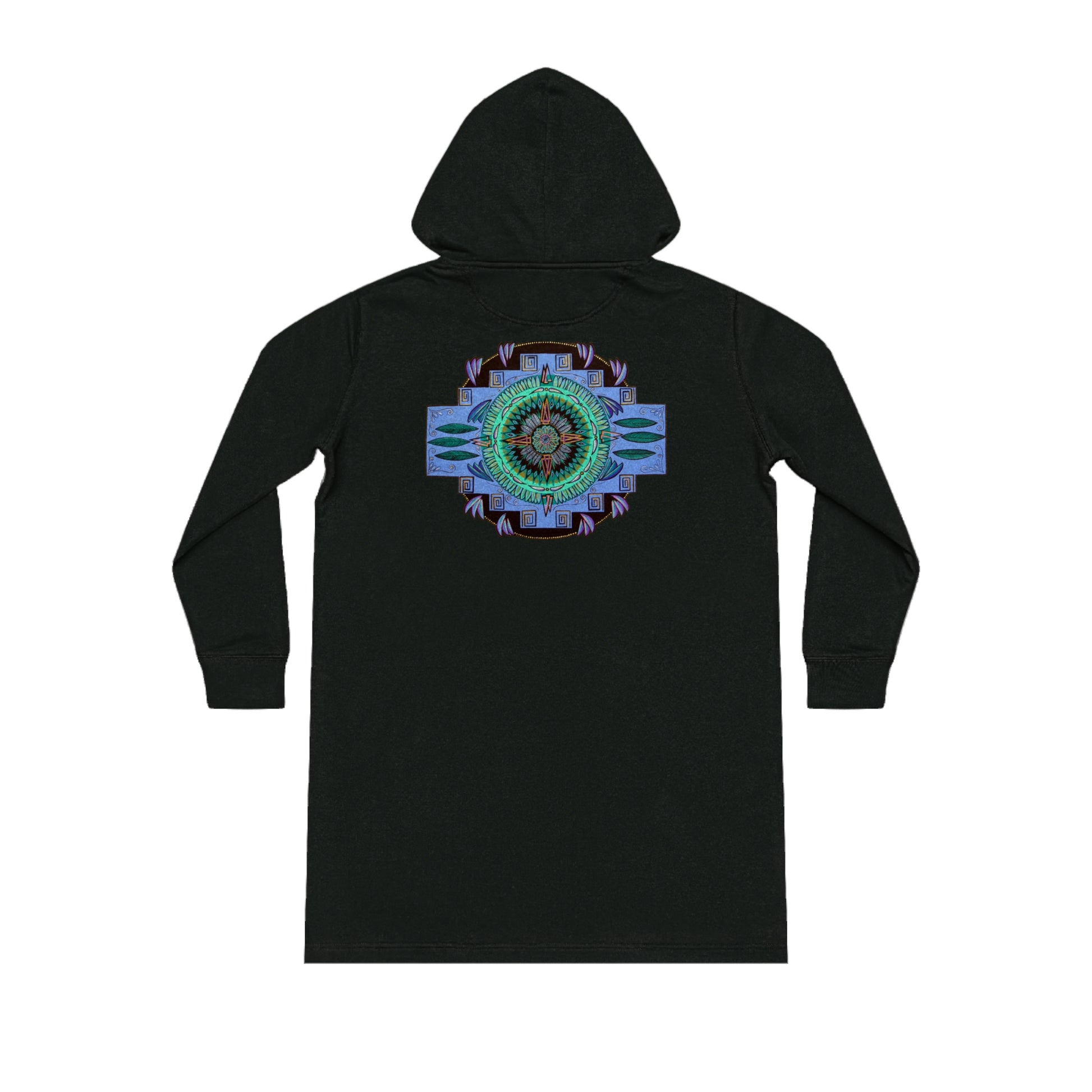 "Plumachakana" Ladies Organic Hoodie Dress - Blue Flame Array Black / XS Hoodie