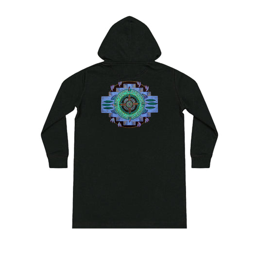 "Plumachakana" Ladies Organic Hoodie Dress - Blue Flame Array Black / XS Hoodie