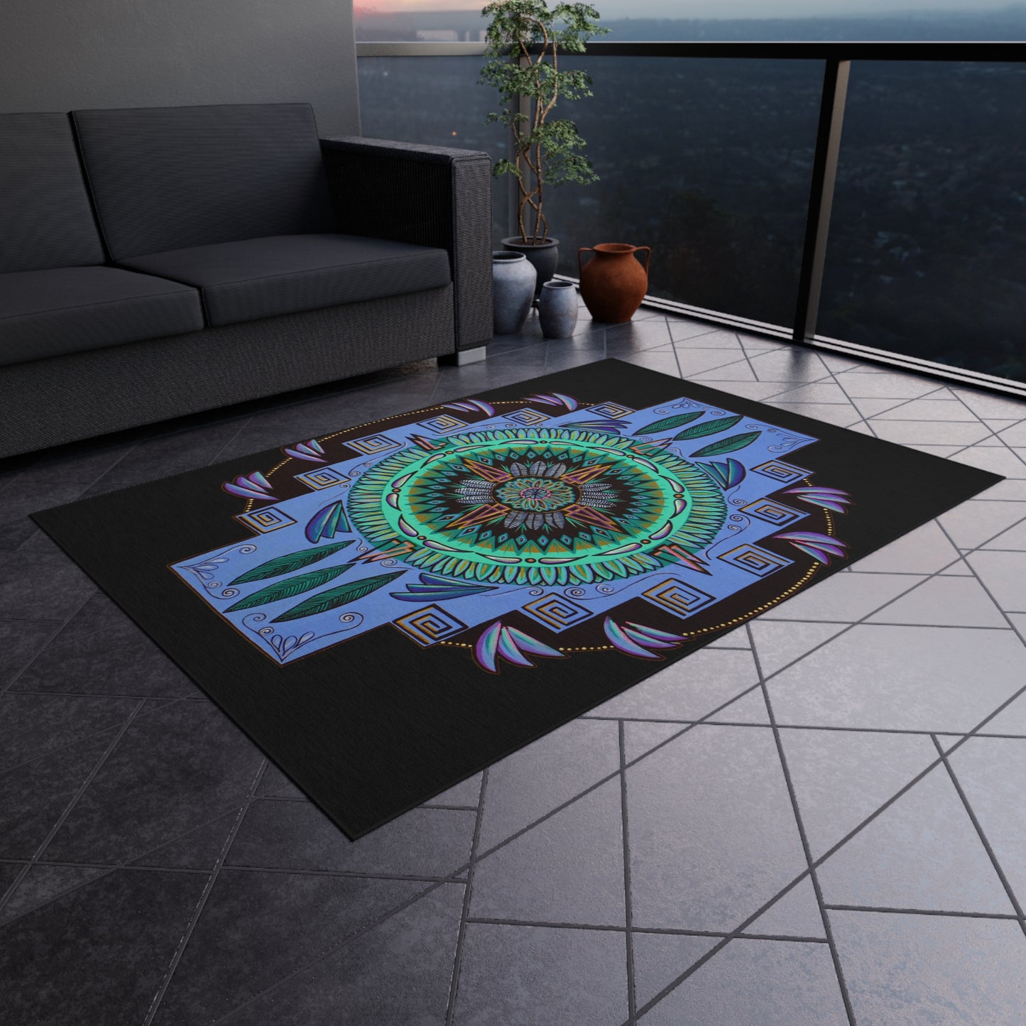 "Plumachakana" Outdoor Mandala Rug - Blue Flame Array Home Decor