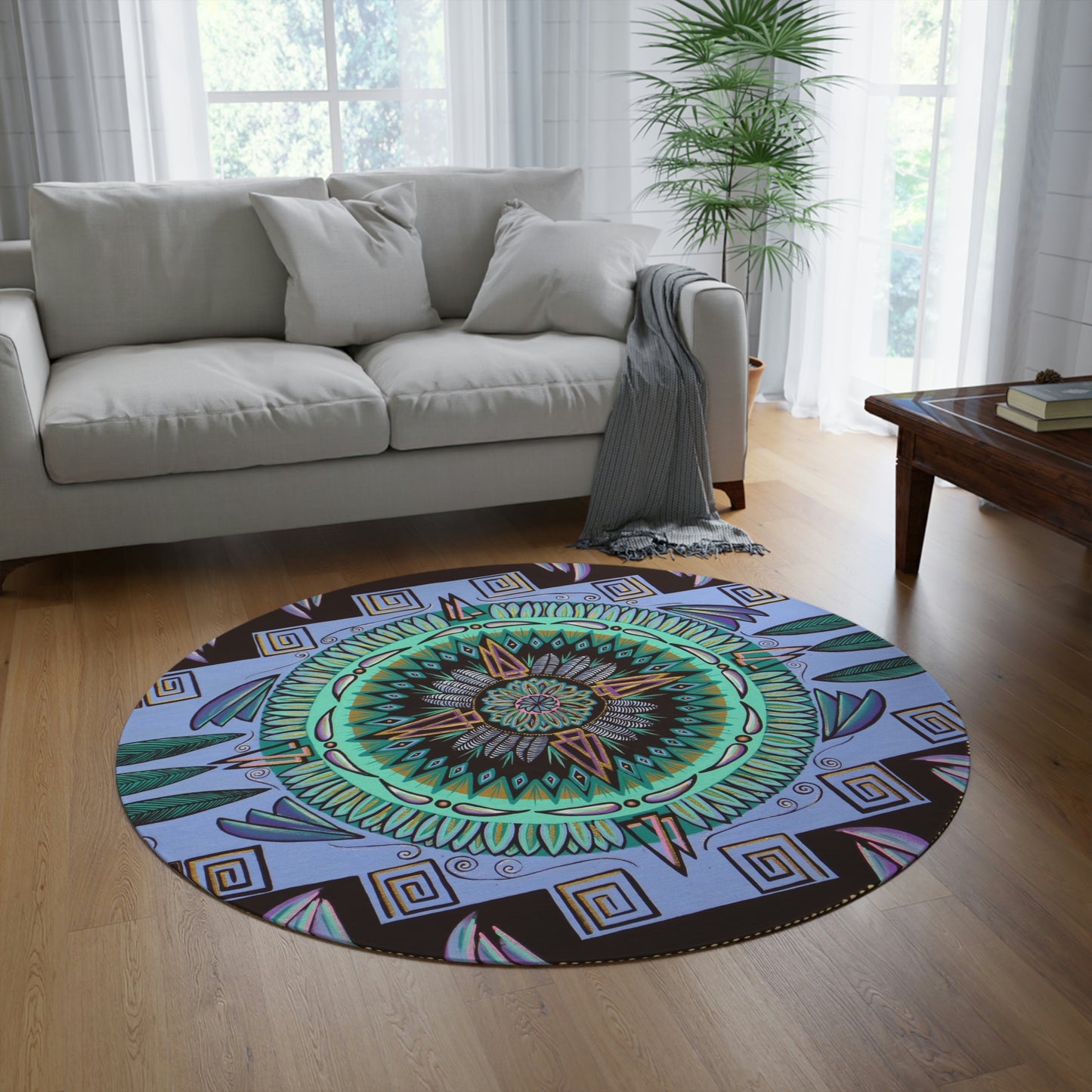 "Plumachakana" Mandala Rug - Blue Flame Array 60" × 60" Home Decor