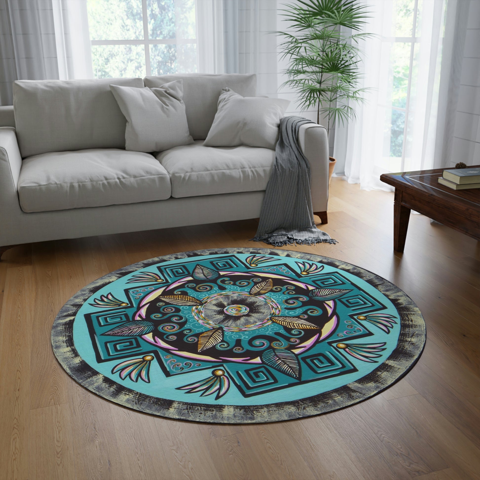 "Hojachakana" Mandala Rug - Blue Flame Array 60" × 60" Home Decor