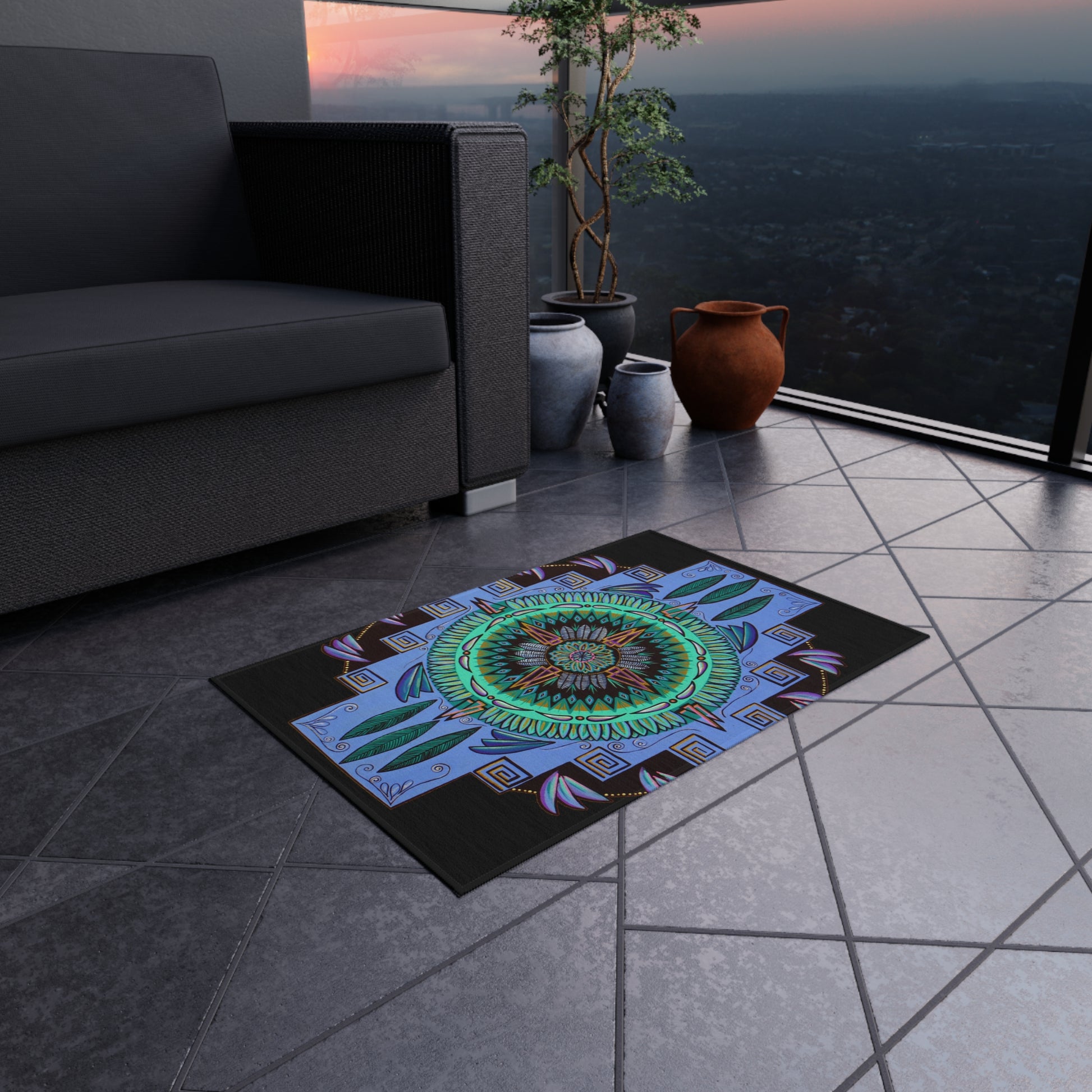 "Plumachakana" Outdoor Mandala Rug - Blue Flame Array Home Decor