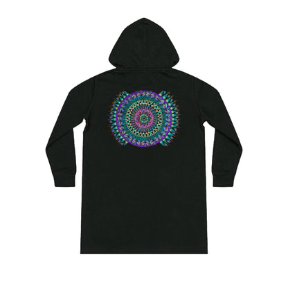 "Mandaladiosa" Ladies Organic Hoodie Dress - Blue Flame Array Black / XS Hoodie