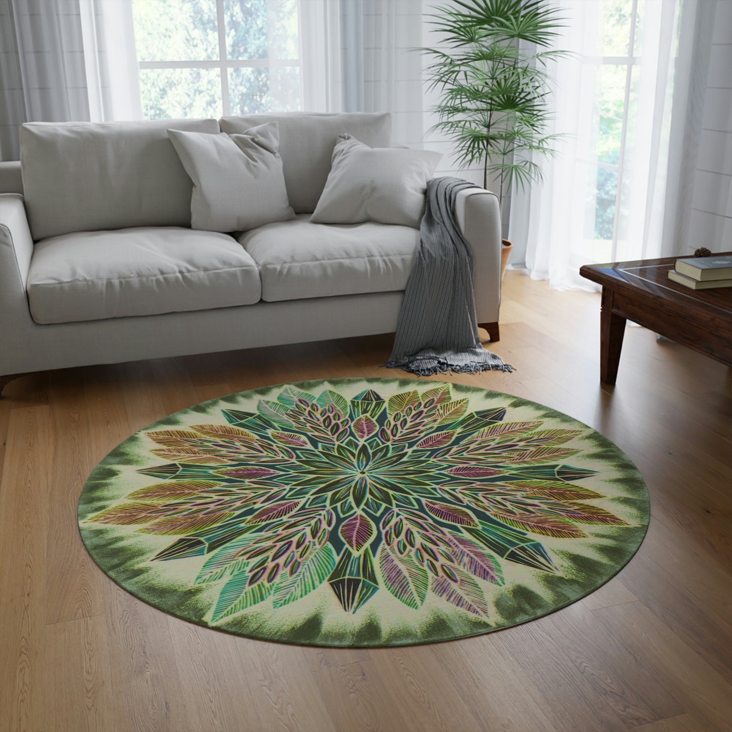 "Krystalhoja Verde" Mandala Rug - Blue Flame Array 60" × 60" Home Decor