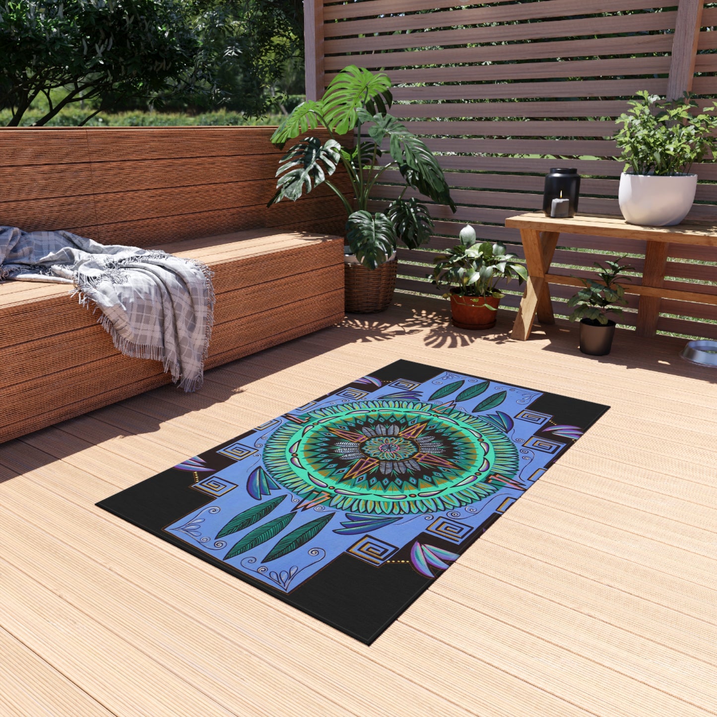 "Plumachakana" Outdoor Mandala Rug - Blue Flame Array Home Decor