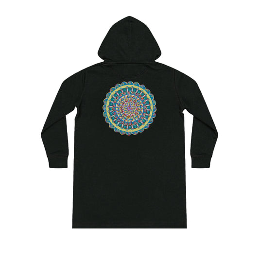 "Almandalayana" Ladies Organic Hoodie Dress - Blue Flame Array Black / XS Hoodie