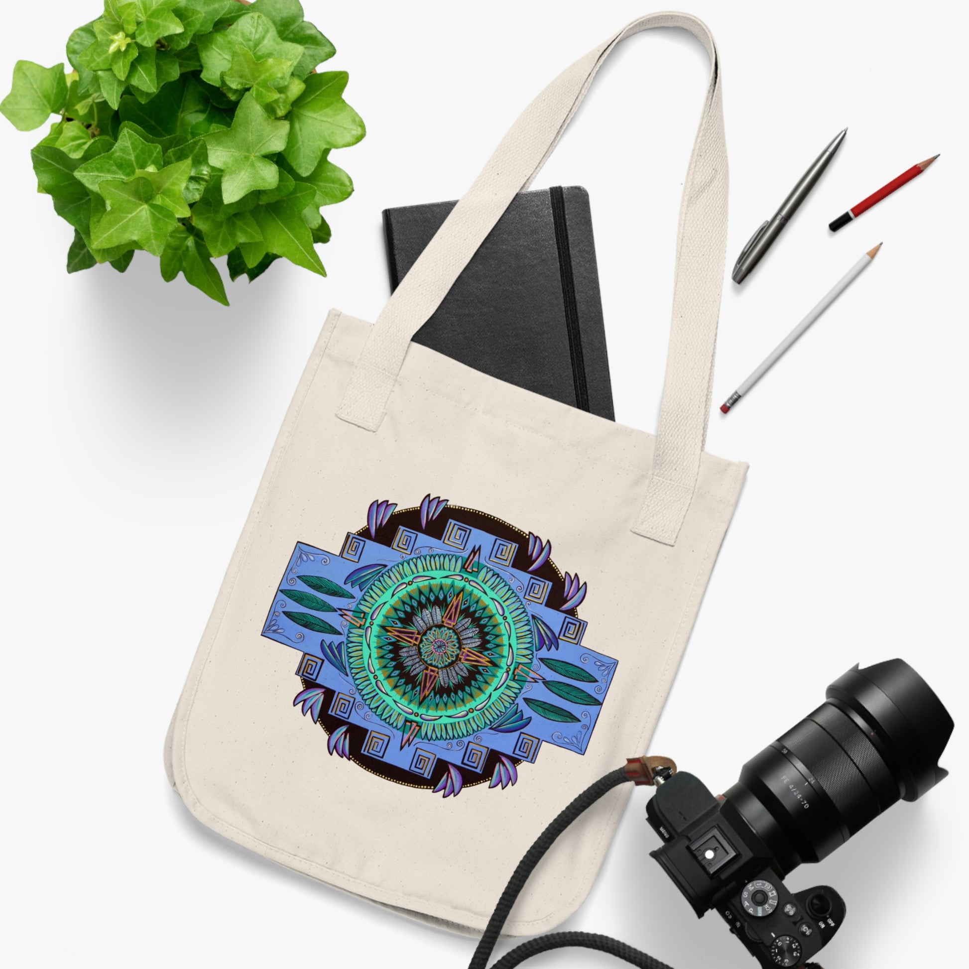 "Plumachakana" Organic Canvas Tote Bag - Blue Flame Array Bags